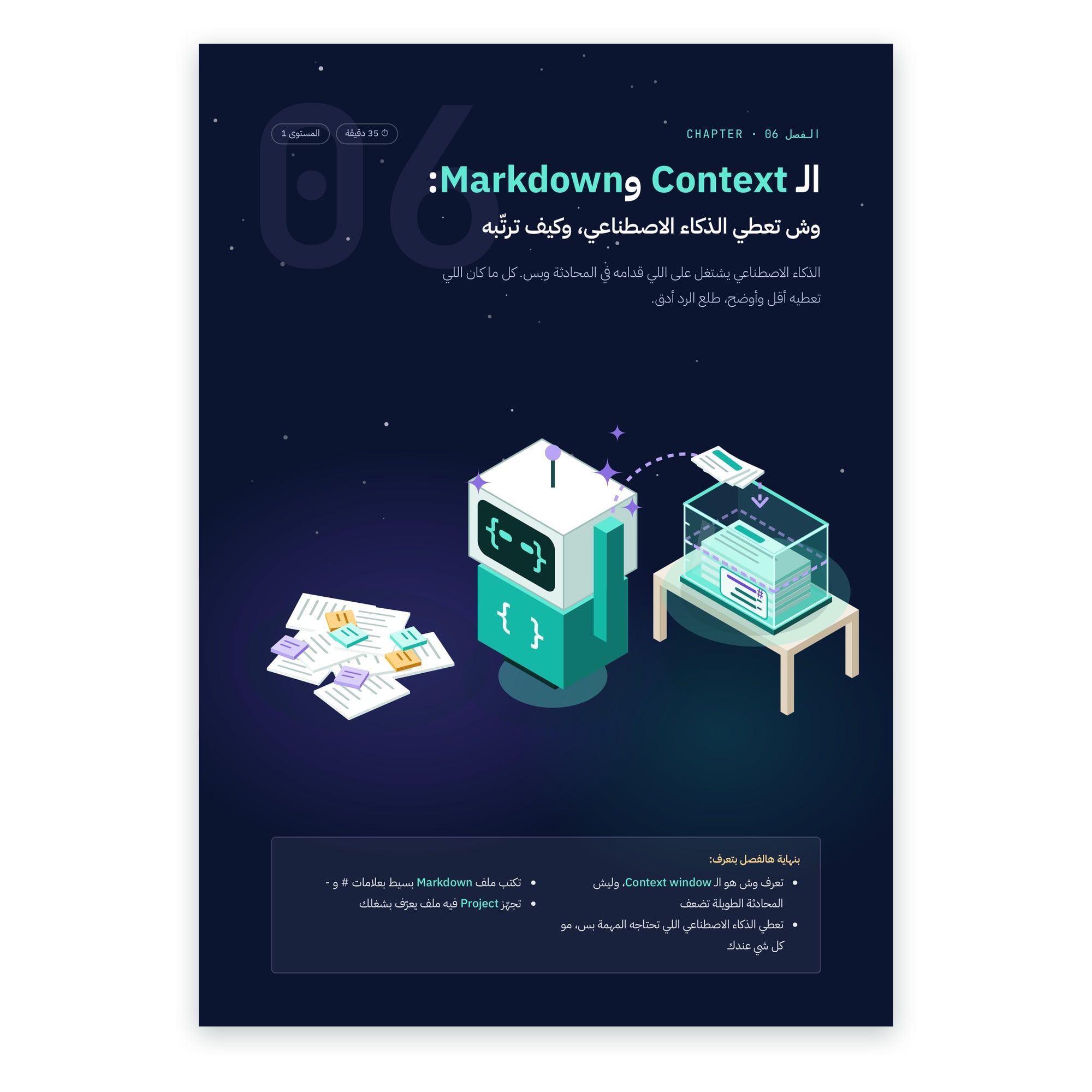 من داخل الكتاب: افتتاحية فصل «الـContext وMarkdown»، وش تعطي الذكاء الاصطناعي وكيف ترتّبه، مع ما ستتعلّمه في نهاية الفصل